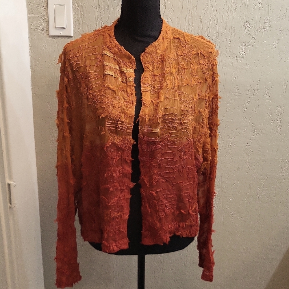 Chicos Silk Ombre Open Front Blouse Jacket Rust Orange